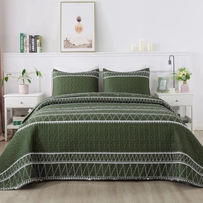 Andency Green Quilt Set Queen (90x96 Inch), 3 Pieces(1 Striped Triangle Printed Quilt and 2 Pillowcases), Bohemian Summer Lightweight Reversible Microfiber Bedspread Coverlet Sets