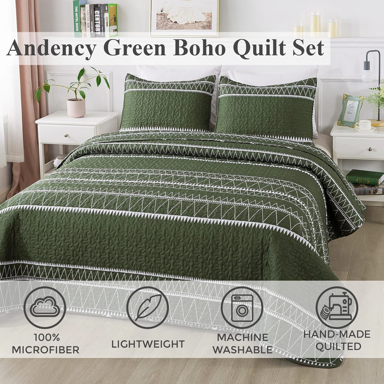Andency Green Quilt Set Queen (90x96 Inch), 3 Pieces(1 Striped Triangle Printed Quilt and 2 Pillowcases), Bohemian Summer Lightweight Reversible Microfiber Bedspread Coverlet Sets