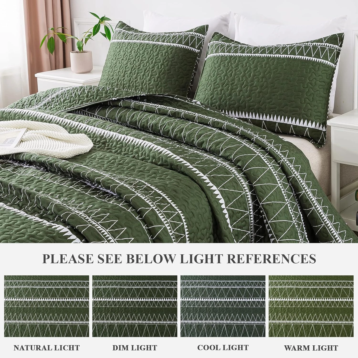 Andency Green Quilt Set Queen (90x96 Inch), 3 Pieces(1 Striped Triangle Printed Quilt and 2 Pillowcases), Bohemian Summer Lightweight Reversible Microfiber Bedspread Coverlet Sets