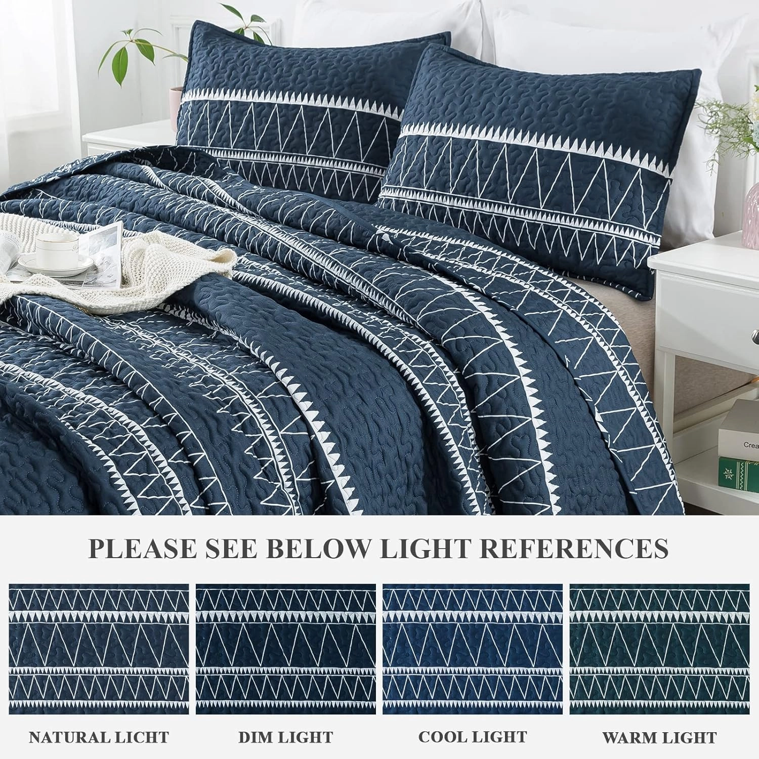 Andency Navy Blue Quilt Set King (106x96 Inch), 3 Pieces(1 Striped Triangle Printed Quilt and 2 Pillowcases), Bohemian Summer Lightweight Reversible Microfiber Bedspread Coverlet Sets