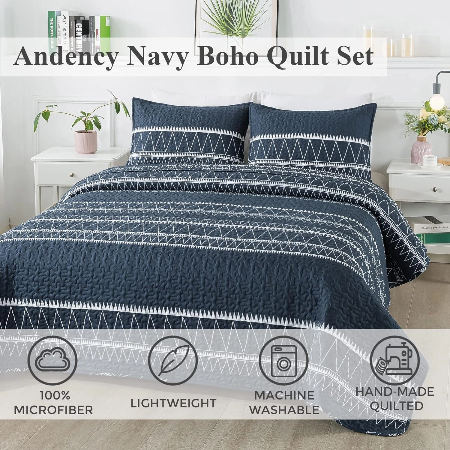 Andency Navy Blue Quilt Set King (106x96 Inch), 3 Pieces(1 Striped Triangle Printed Quilt and 2 Pillowcases), Bohemian Summer Lightweight Reversible Microfiber Bedspread Coverlet Sets
