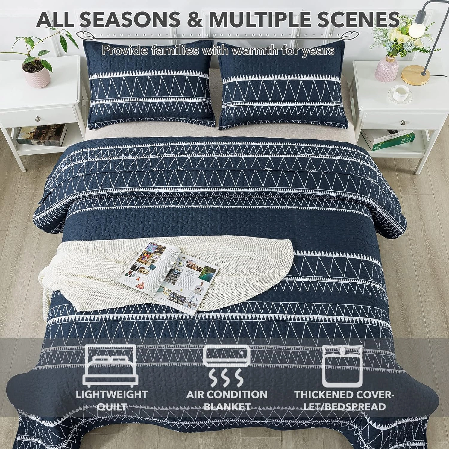 Andency Navy Blue Quilt Set King (106x96 Inch), 3 Pieces(1 Striped Triangle Printed Quilt and 2 Pillowcases), Bohemian Summer Lightweight Reversible Microfiber Bedspread Coverlet Sets