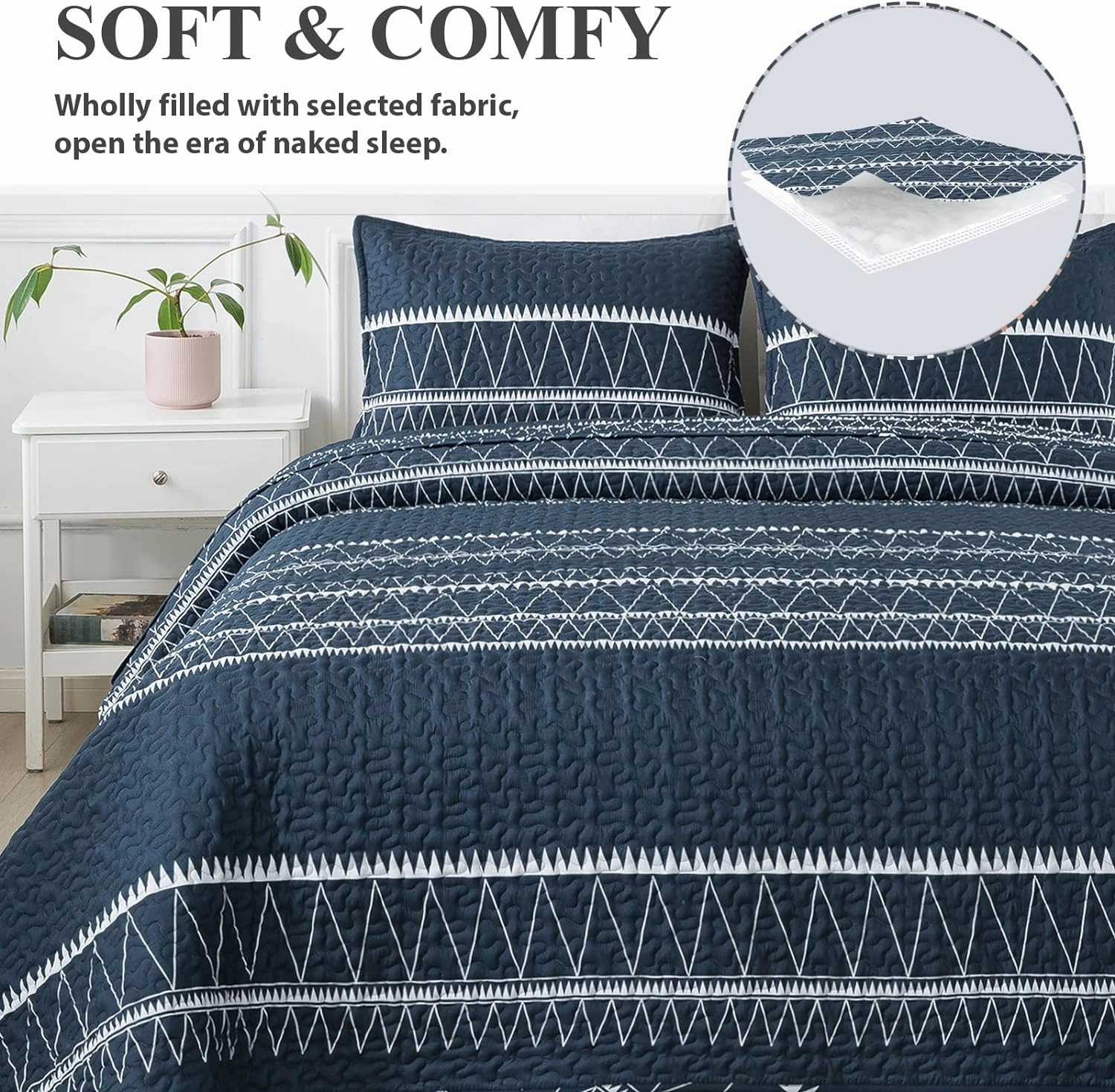 Andency Navy Blue Quilt Set King (106x96 Inch), 3 Pieces(1 Striped Triangle Printed Quilt and 2 Pillowcases), Bohemian Summer Lightweight Reversible Microfiber Bedspread Coverlet Sets