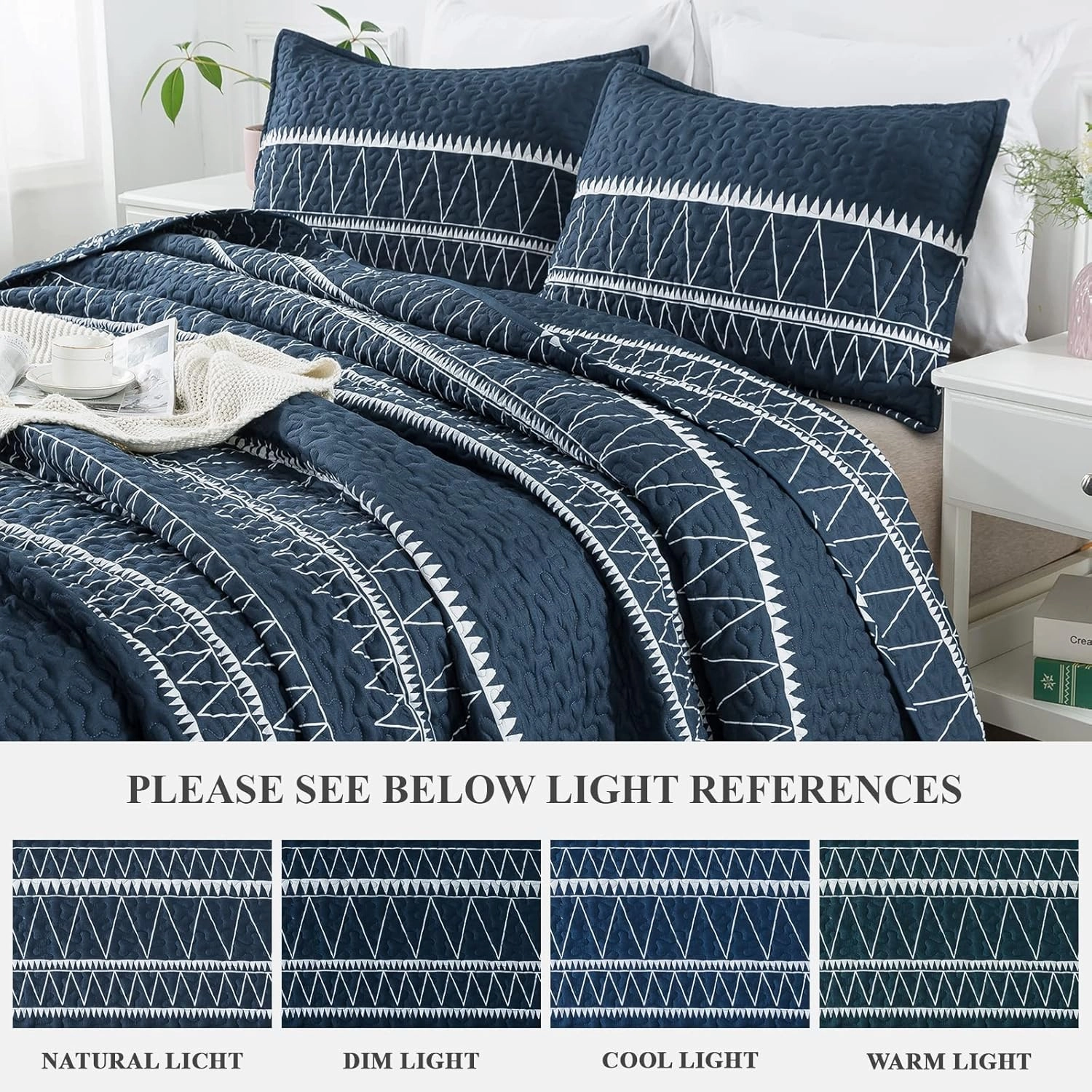 Andency Navy Blue Quilt Set Queen (90x96 Inch), 3 Pieces(1 Striped Triangle Printed Quilt and 2 Pillowcases), Bohemian Summer Lightweight Reversible Microfiber Bedspread Coverlet Sets
