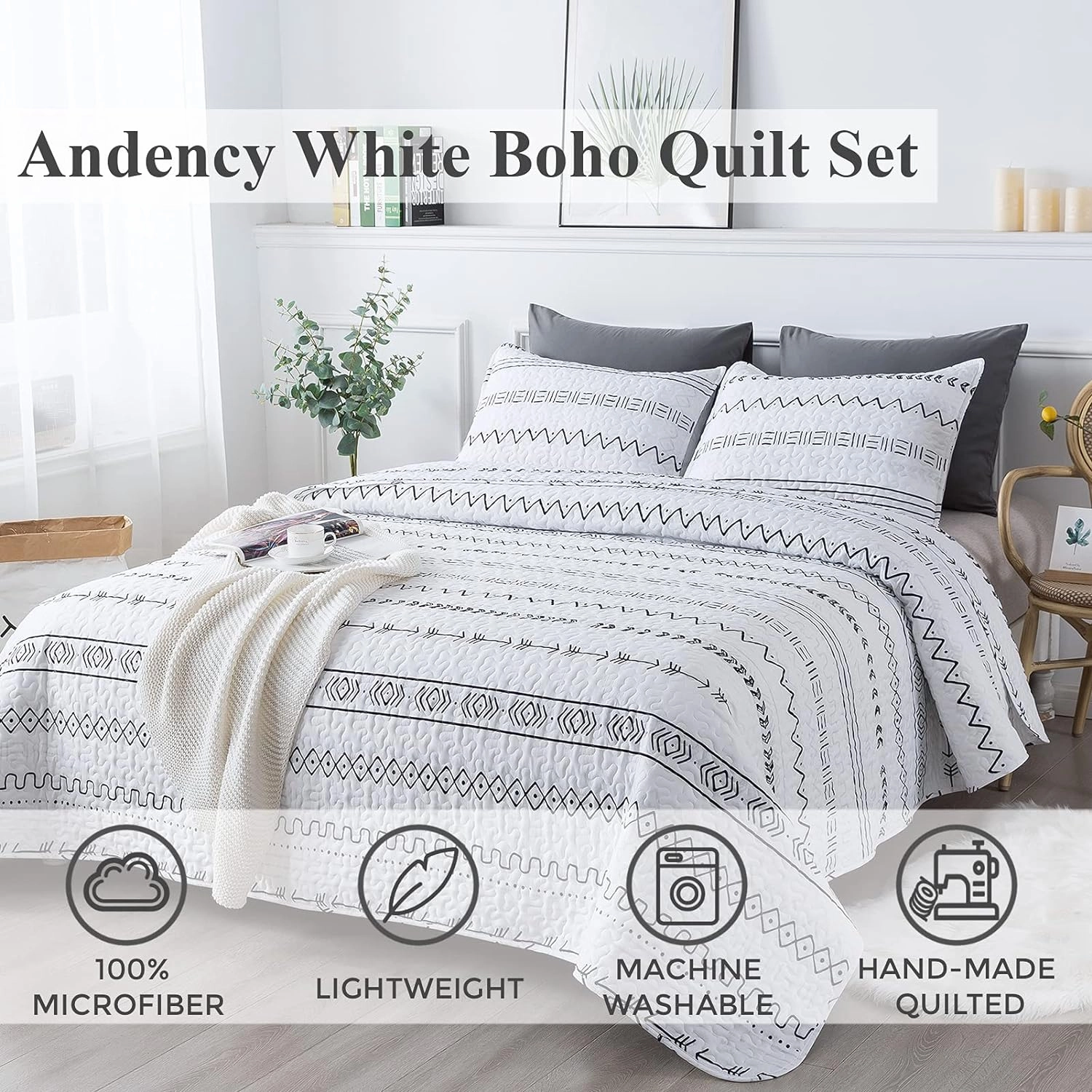 Andency White Quilt Set King (106x96 Inch), 3 Pieces(1 Boho Printed Quilt and 2 Pillowcases), Bohemian Summer Lightweight Reversible Microfiber Bedspread Coverlet Sets