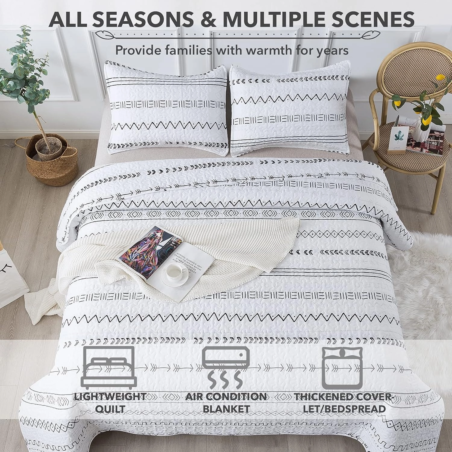 Andency White Quilt Set King (106x96 Inch), 3 Pieces(1 Boho Printed Quilt and 2 Pillowcases), Bohemian Summer Lightweight Reversible Microfiber Bedspread Coverlet Sets