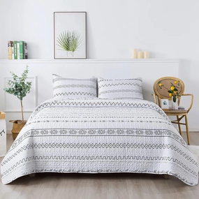 Andency White Quilt Set King (106x96 Inch), 3 Pieces(1 Boho Printed Quilt and 2 Pillowcases), Bohemian Summer Lightweight Reversible Microfiber Bedspread Coverlet Sets