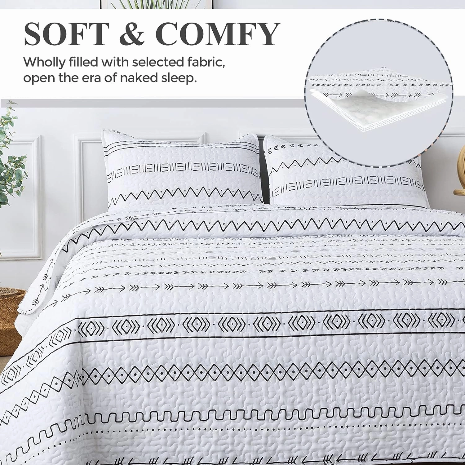 Andency White Quilt Set King (106x96 Inch), 3 Pieces(1 Boho Printed Quilt and 2 Pillowcases), Bohemian Summer Lightweight Reversible Microfiber Bedspread Coverlet Sets