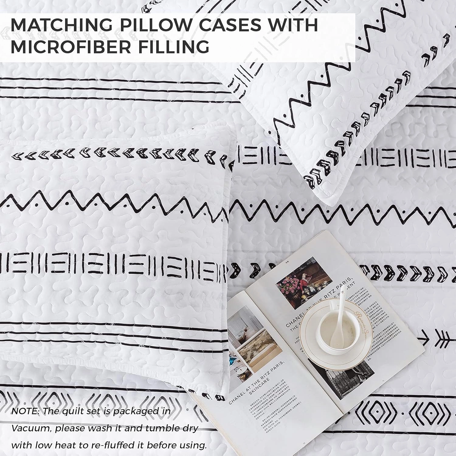 Andency White Quilt Set King (106x96 Inch), 3 Pieces(1 Boho Printed Quilt and 2 Pillowcases), Bohemian Summer Lightweight Reversible Microfiber Bedspread Coverlet Sets