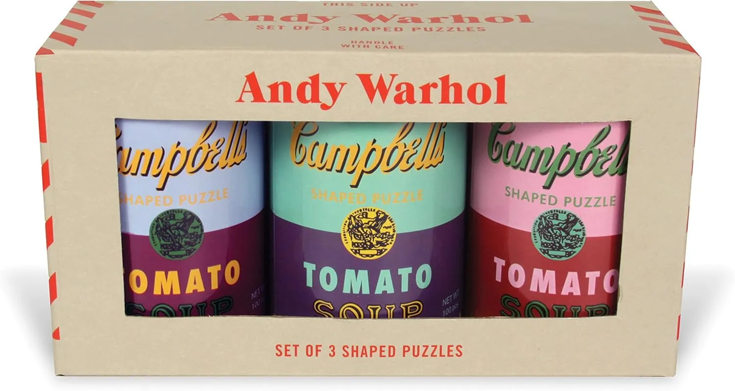 Andy Warhol Soup Cans Shaped Jigsaw Puzzles, Includes Three 100 Piece Puzzles, 5” x 8.25” Each – Includes Storage Tins, Featuring Iconic Andy Warhol Artwork – Thick, Sturdy Pieces – Great Gift Idea