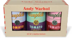 Andy Warhol Soup Cans Shaped Jigsaw Puzzles, Includes Three 100 Piece Puzzles, 5” x 8.25” Each – Includes Storage Tins, Featuring Iconic Andy Warhol Artwork – Thick, Sturdy Pieces – Great Gift Idea