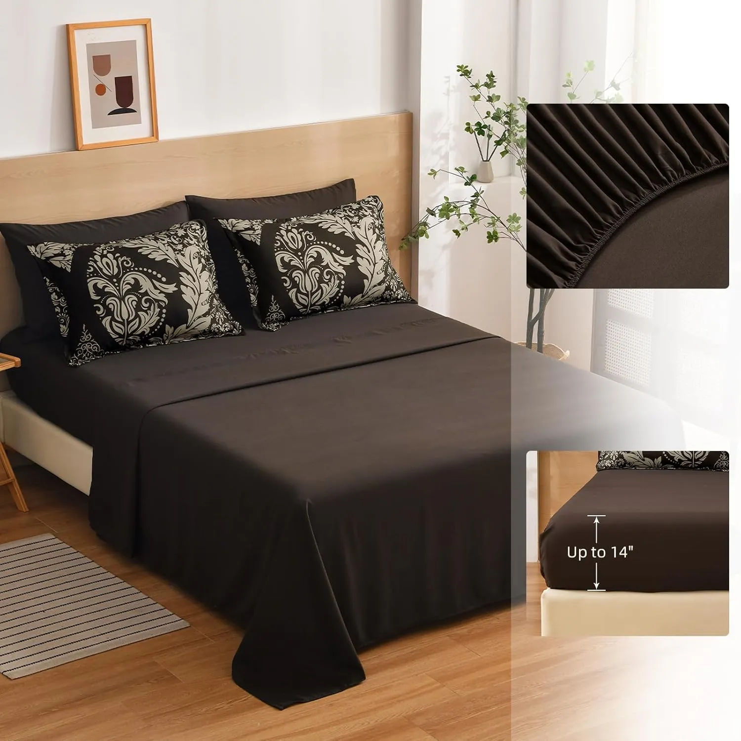 Anibedding Brown Comforter Set Queen Size,7 Pieces Bed in a Bag Bohemian Damask Comforter and Sheet Set, Soft Lightweight Microfiber Bedding Set for All Season (90"x90")