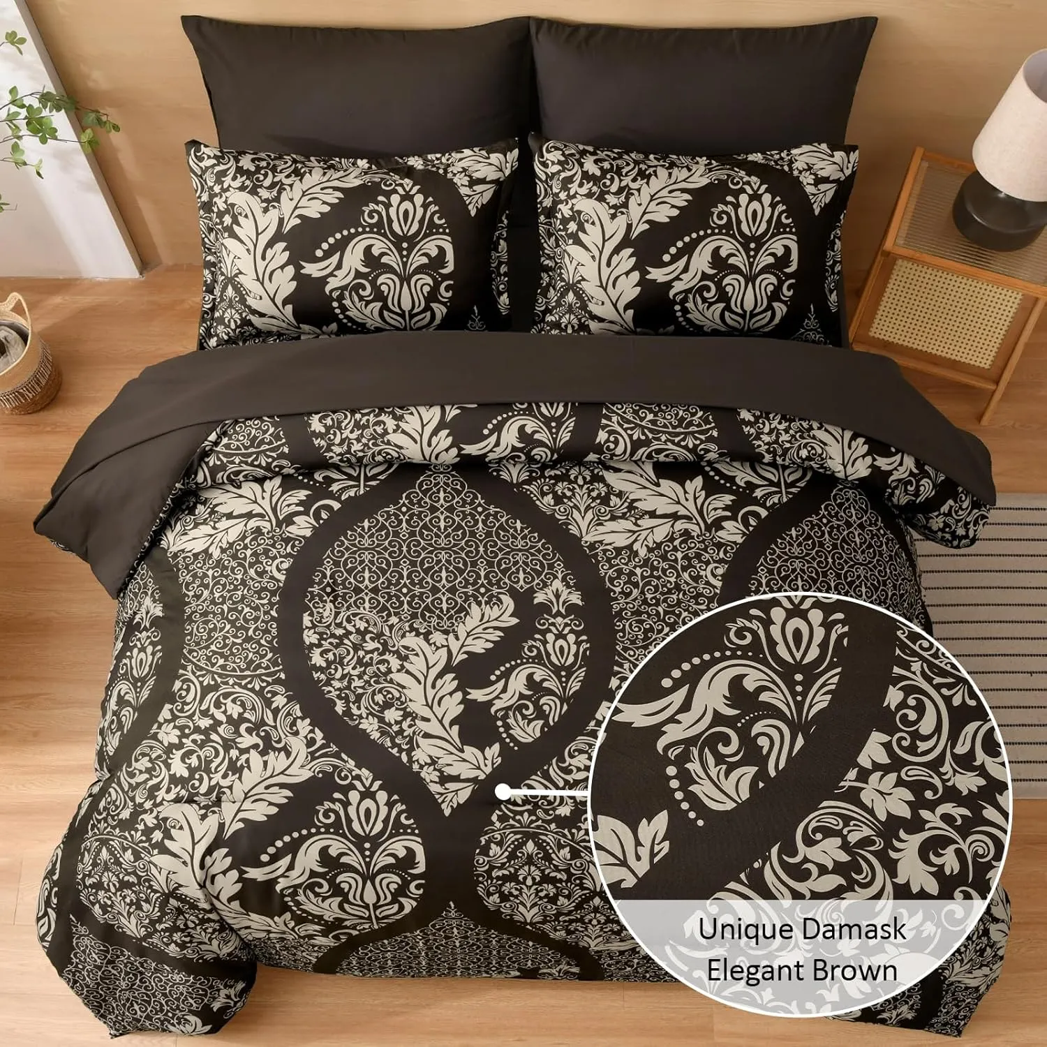 Anibedding Brown Comforter Set Queen Size,7 Pieces Bed in a Bag Bohemian Damask Comforter and Sheet Set, Soft Lightweight Microfiber Bedding Set for All Season (90"x90")
