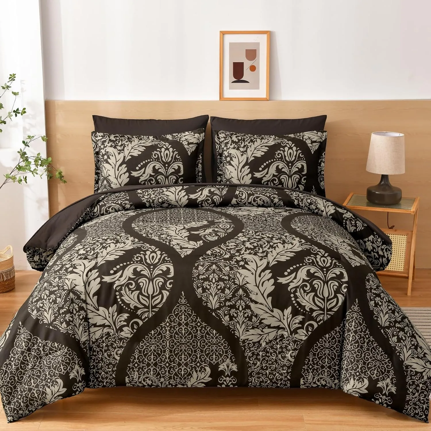 Anibedding Brown Comforter Set Queen Size,7 Pieces Bed in a Bag Bohemian Damask Comforter and Sheet Set, Soft Lightweight Microfiber Bedding Set for All Season (90"x90")