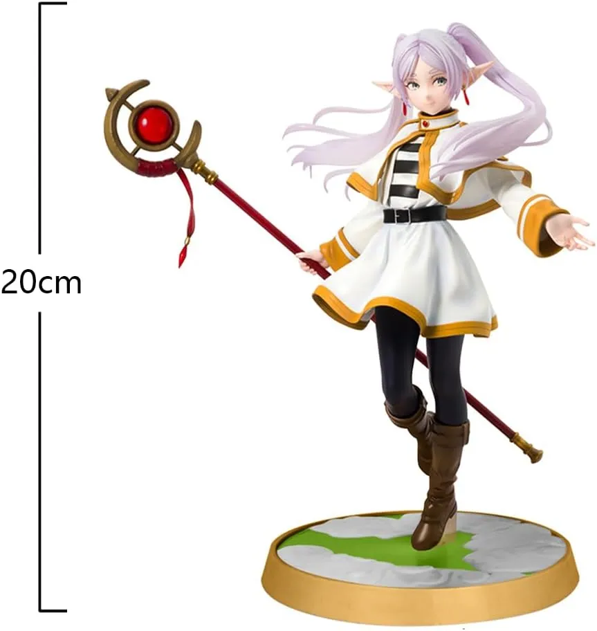 Anime Frieren Figure,Frieren Action Figure,20cm/7.87" Manga Figurine,Standing with Staff Battle Scene Character Model,PVC Desktop Decoration Statue Collectible Gifts
