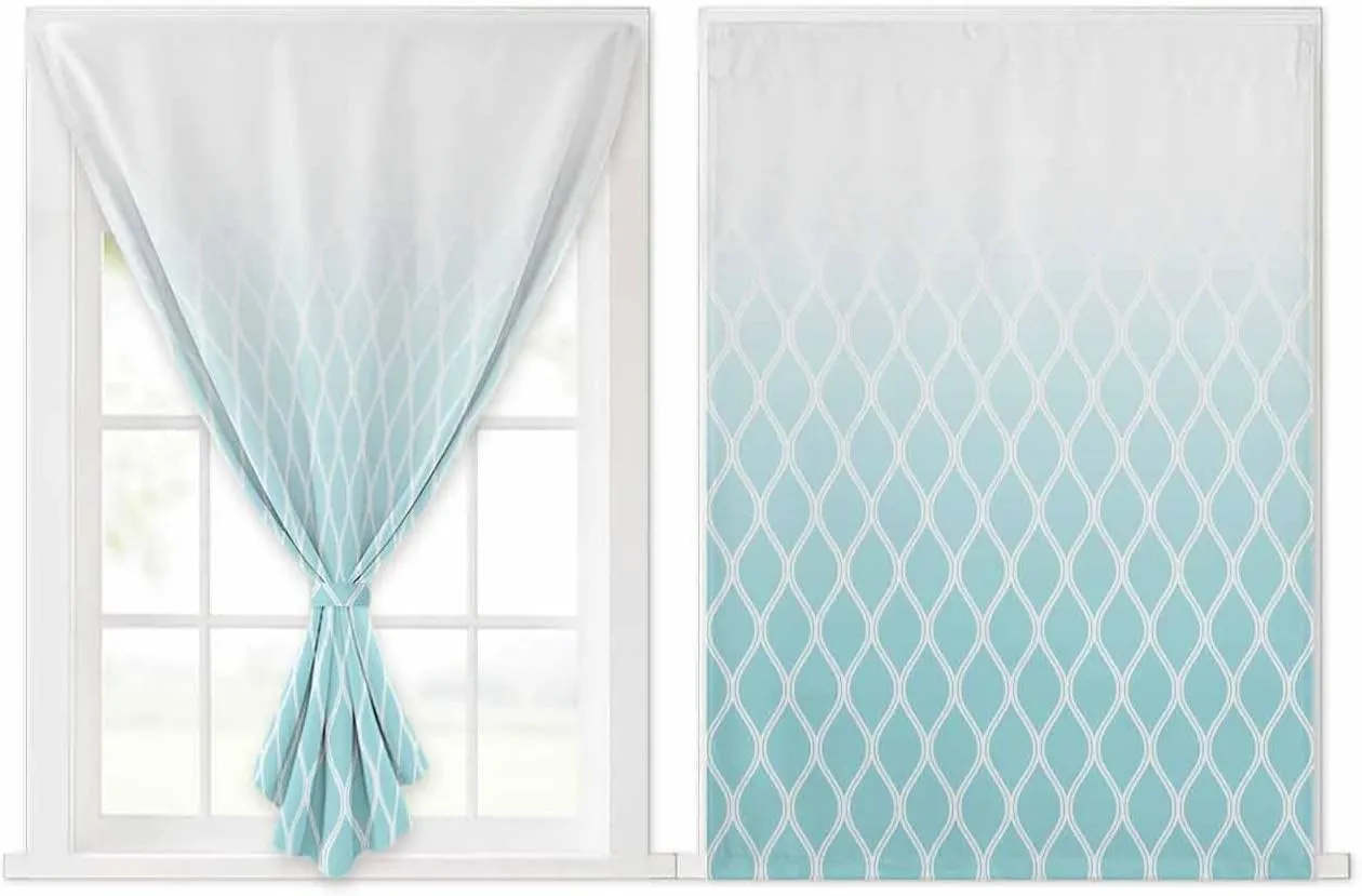 Aqua Ombre Stripe Self Adhesive Blackout Curtains with Tiebacks,Portable Rod Pocket Living Room Darkening Curtains,Modern Abstract Art Gradient Striped Thermal Insulated Windows Cover,59Wx84H