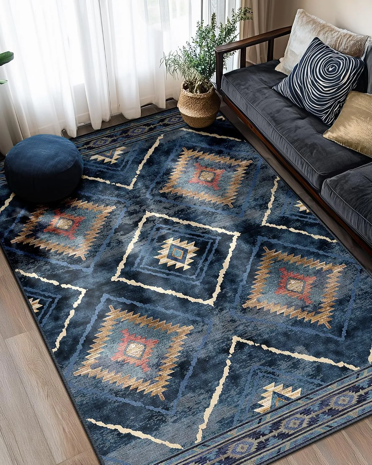 Area Rug 6x9 Rug Machine Washable Non-Slip Low Pile Print Pattern Western Rug for Living Room Bedroom Entryway-Darkblue