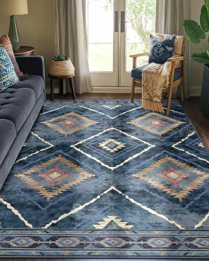 Area Rug 6x9 Rug Machine Washable Non-Slip Low Pile Print Pattern Western Rug for Living Room Bedroom Entryway-Darkblue