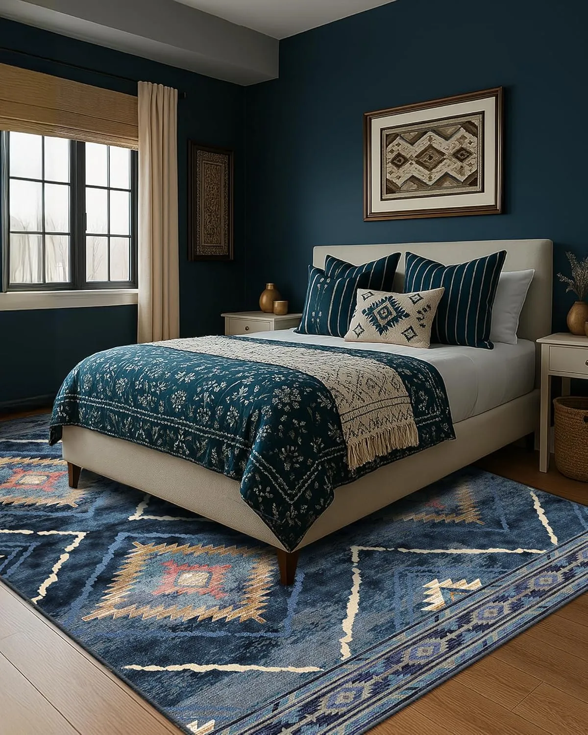 Area Rug 6x9 Rug Machine Washable Non-Slip Low Pile Print Pattern Western Rug for Living Room Bedroom Entryway-Darkblue