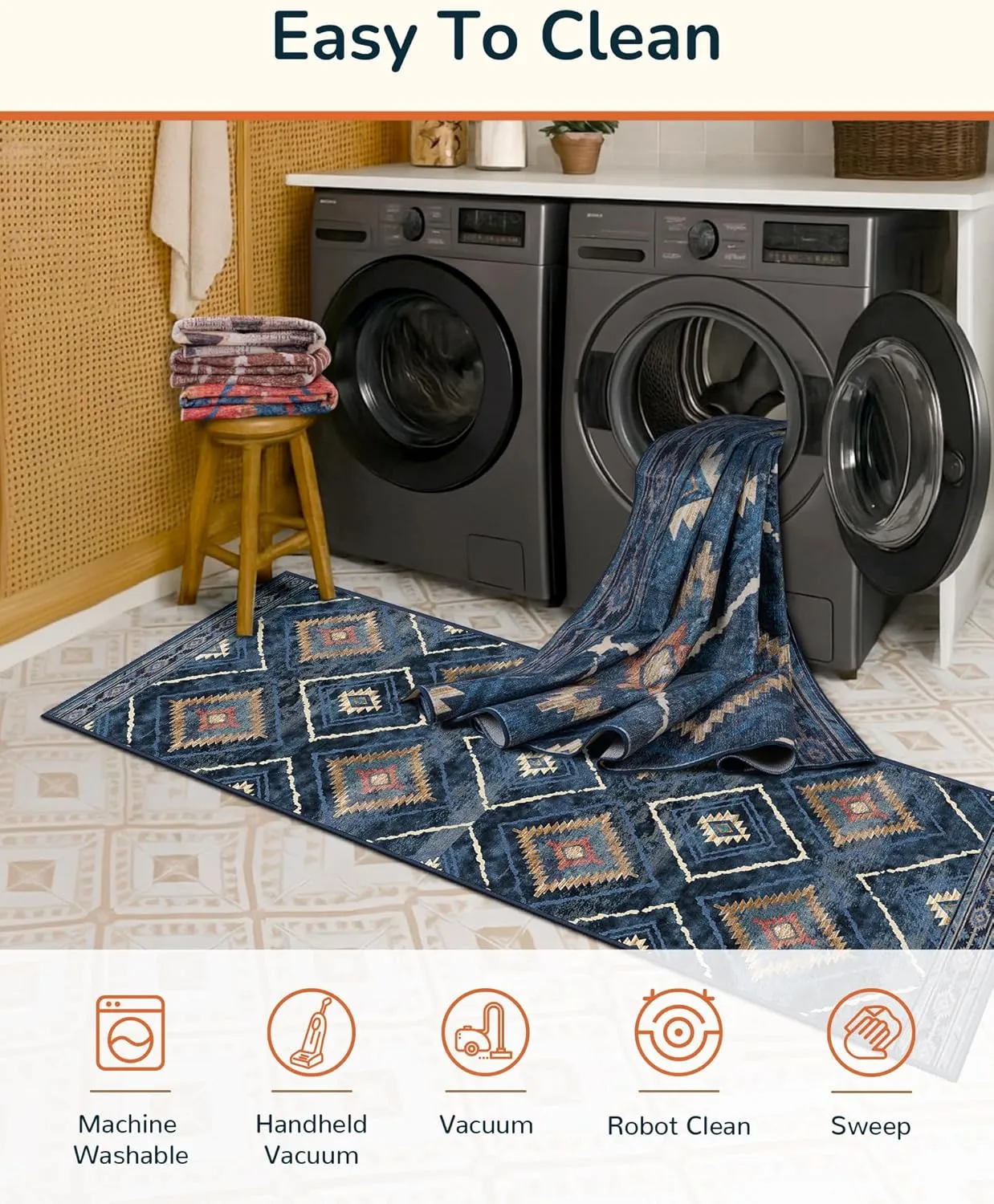 Area Rug 6x9 Rug Machine Washable Non-Slip Low Pile Print Pattern Western Rug for Living Room Bedroom Entryway-Darkblue