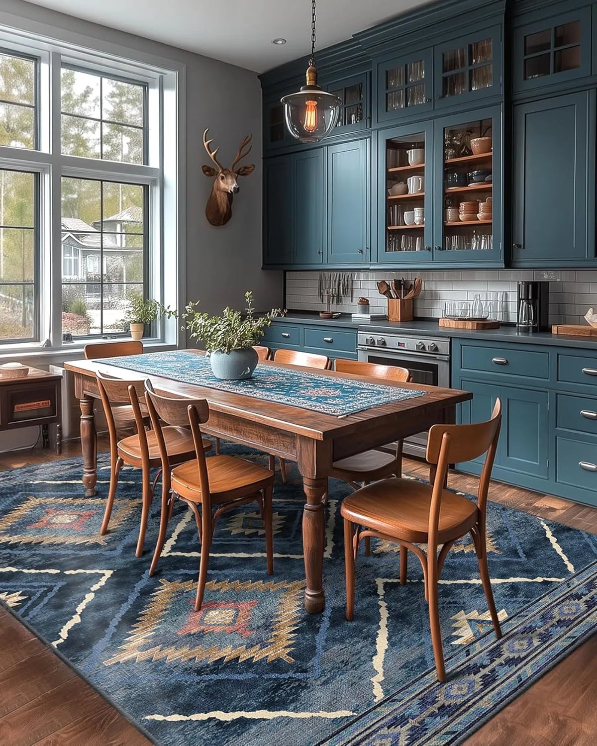 Area Rug 6x9 Rug Machine Washable Non-Slip Low Pile Print Pattern Western Rug for Living Room Bedroom Entryway-Darkblue