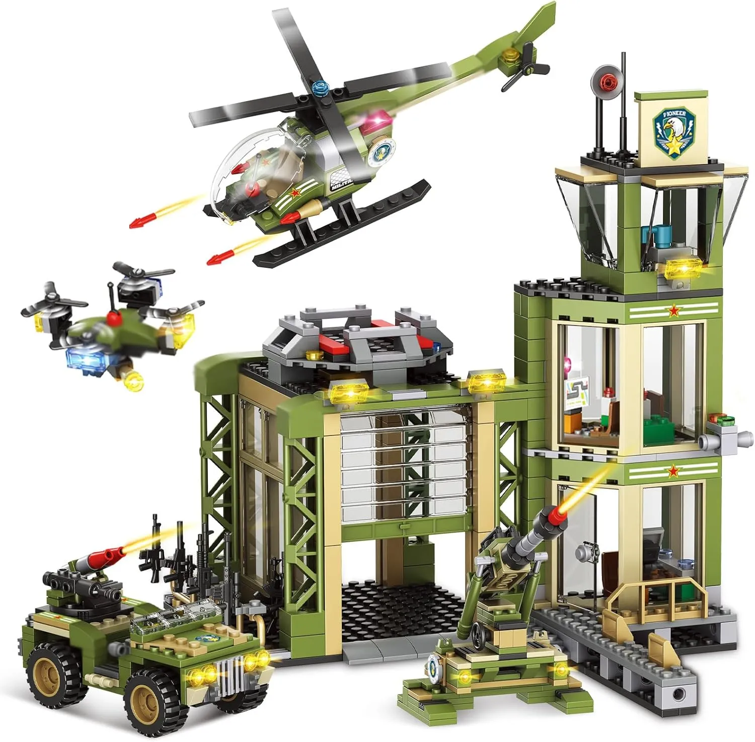 Army Military Base Building Blocks Set, with Armored Vehicle, Drone, Cannon & Helicopter, 677 Pcs City War Army Rescue Tower Set Best Learning Roleplay STEM Construction Toys for Kids & Boys Aged 6 