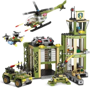 Army Military Base Building Blocks Set, with Armored Vehicle, Drone, Cannon & Helicopter, 677 Pcs City War Army Rescue Tower Set Best Learning Roleplay STEM Construction Toys for Kids & Boys Aged 6 