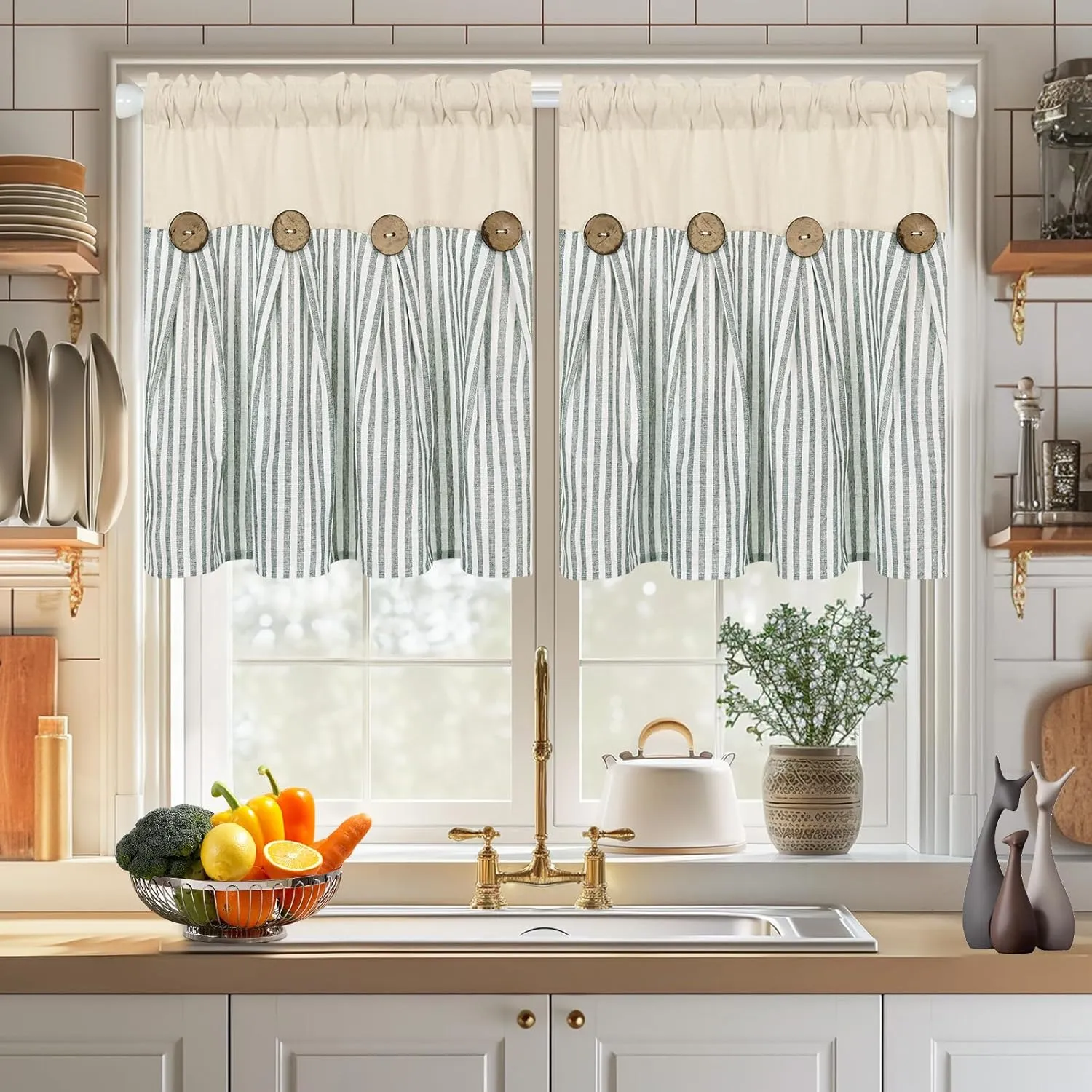 ASPMIZ Cotton Linen Kitchen Curtains 24 Inch Length Tier Curtain for Small Window Treatment, Boho Button Half Window Curtain Farmhouse, Green Stripe Rod Pocket Short Curtains for Window, 2 Panels