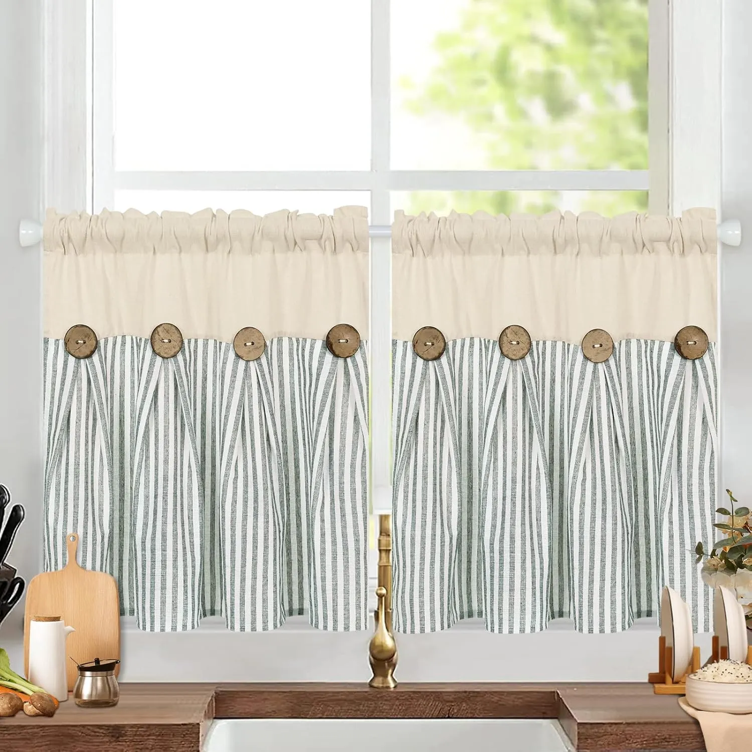 ASPMIZ Cotton Linen Kitchen Curtains 24 Inch Length Tier Curtain for Small Window Treatment, Boho Button Half Window Curtain Farmhouse, Green Stripe Rod Pocket Short Curtains for Window, 2 Panels