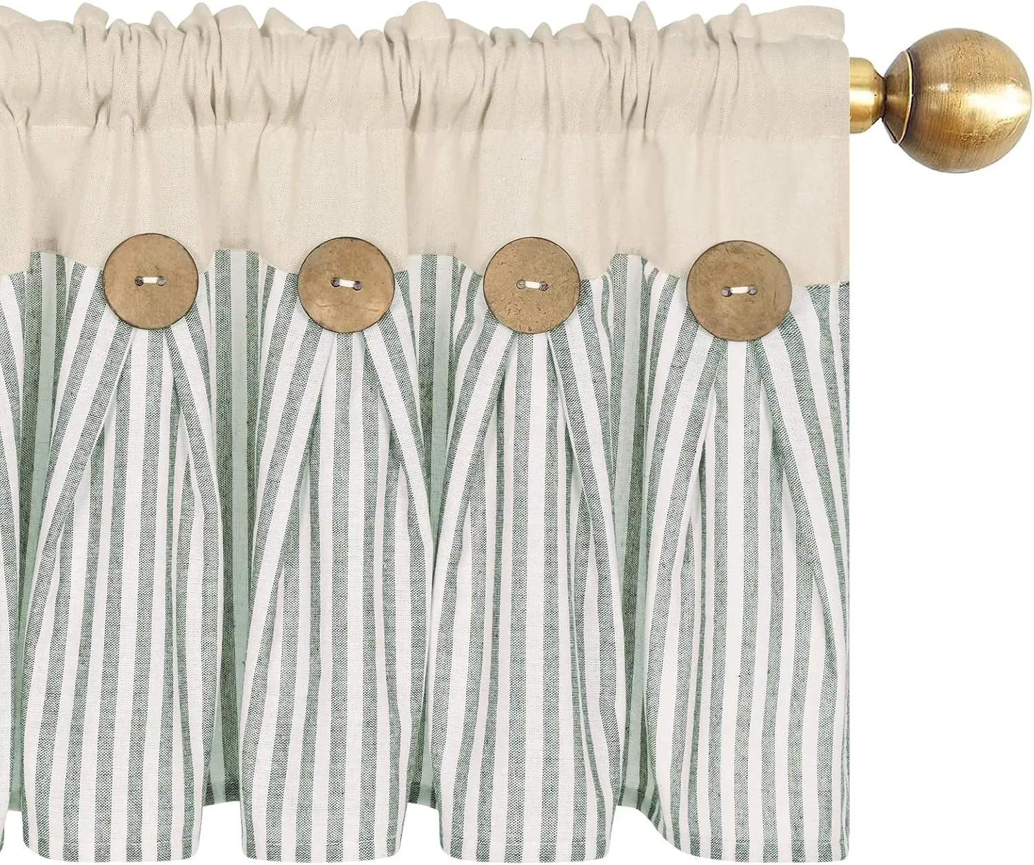 ASPMIZ Cotton Linen Kitchen Curtains 24 Inch Length Tier Curtain for Small Window Treatment, Boho Button Half Window Curtain Farmhouse, Green Stripe Rod Pocket Short Curtains for Window, 2 Panels