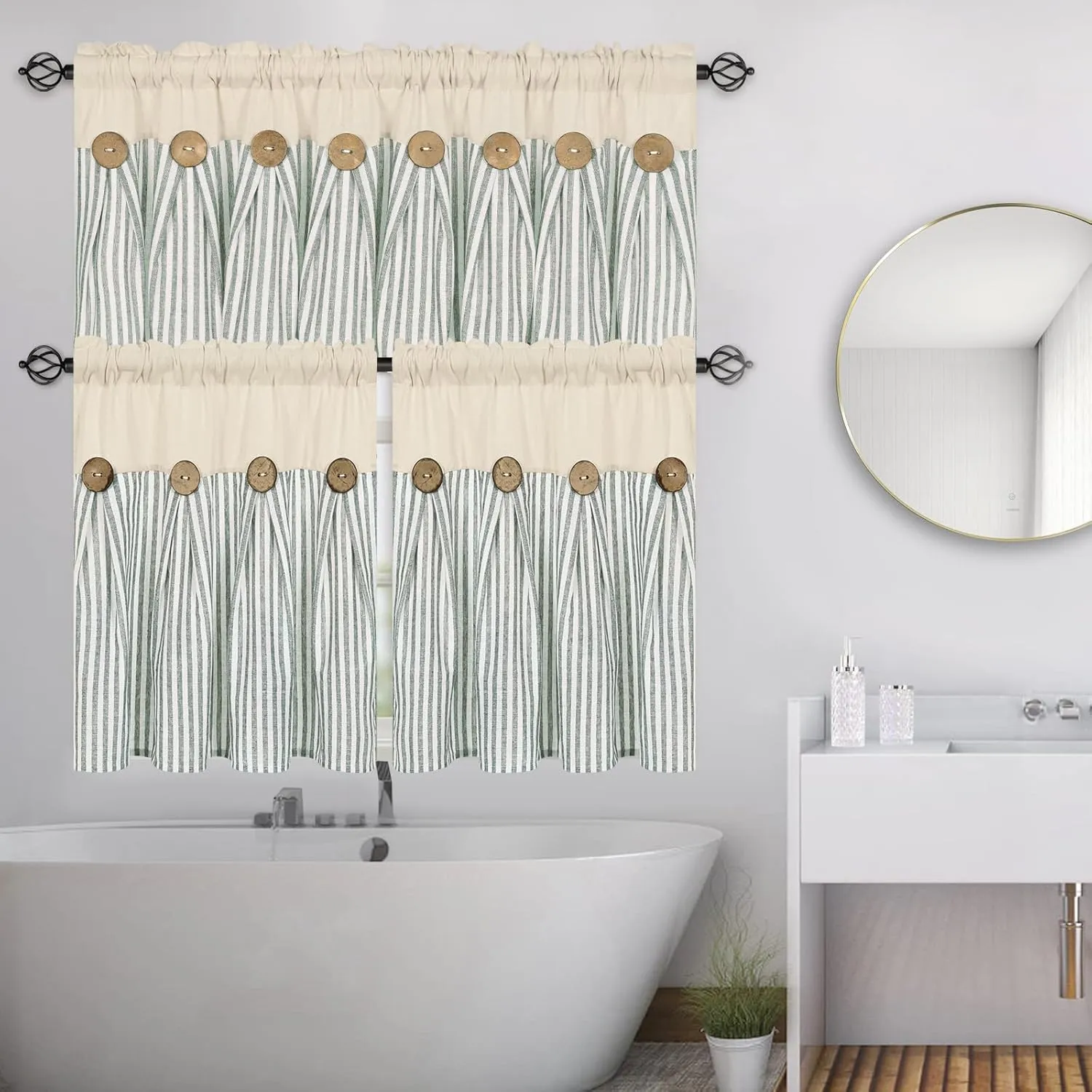 ASPMIZ Cotton Linen Kitchen Curtains 24 Inch Length Tier Curtain for Small Window Treatment, Boho Button Half Window Curtain Farmhouse, Green Stripe Rod Pocket Short Curtains for Window, 2 Panels