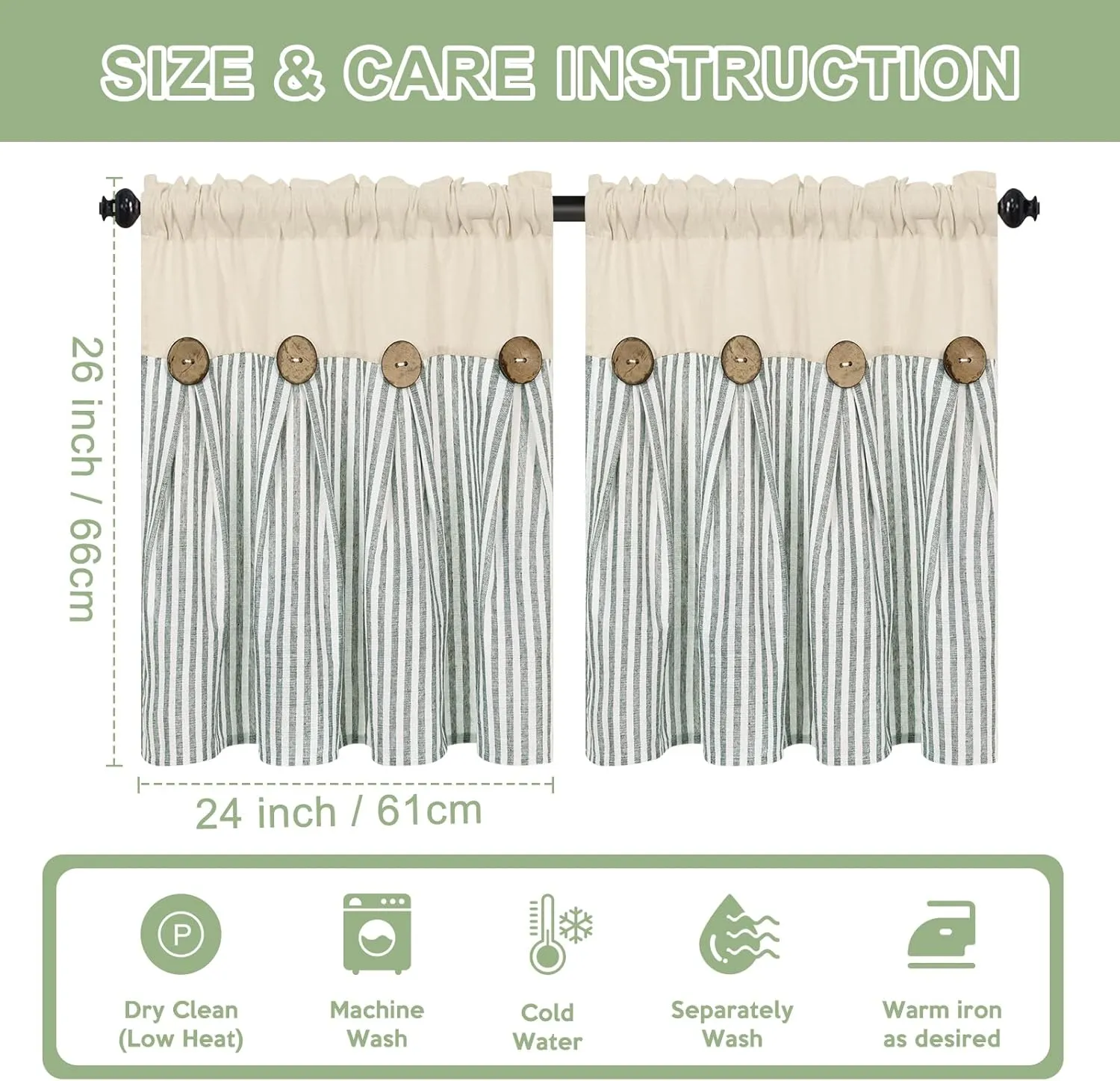 ASPMIZ Cotton Linen Kitchen Curtains 24 Inch Length Tier Curtain for Small Window Treatment, Boho Button Half Window Curtain Farmhouse, Green Stripe Rod Pocket Short Curtains for Window, 2 Panels