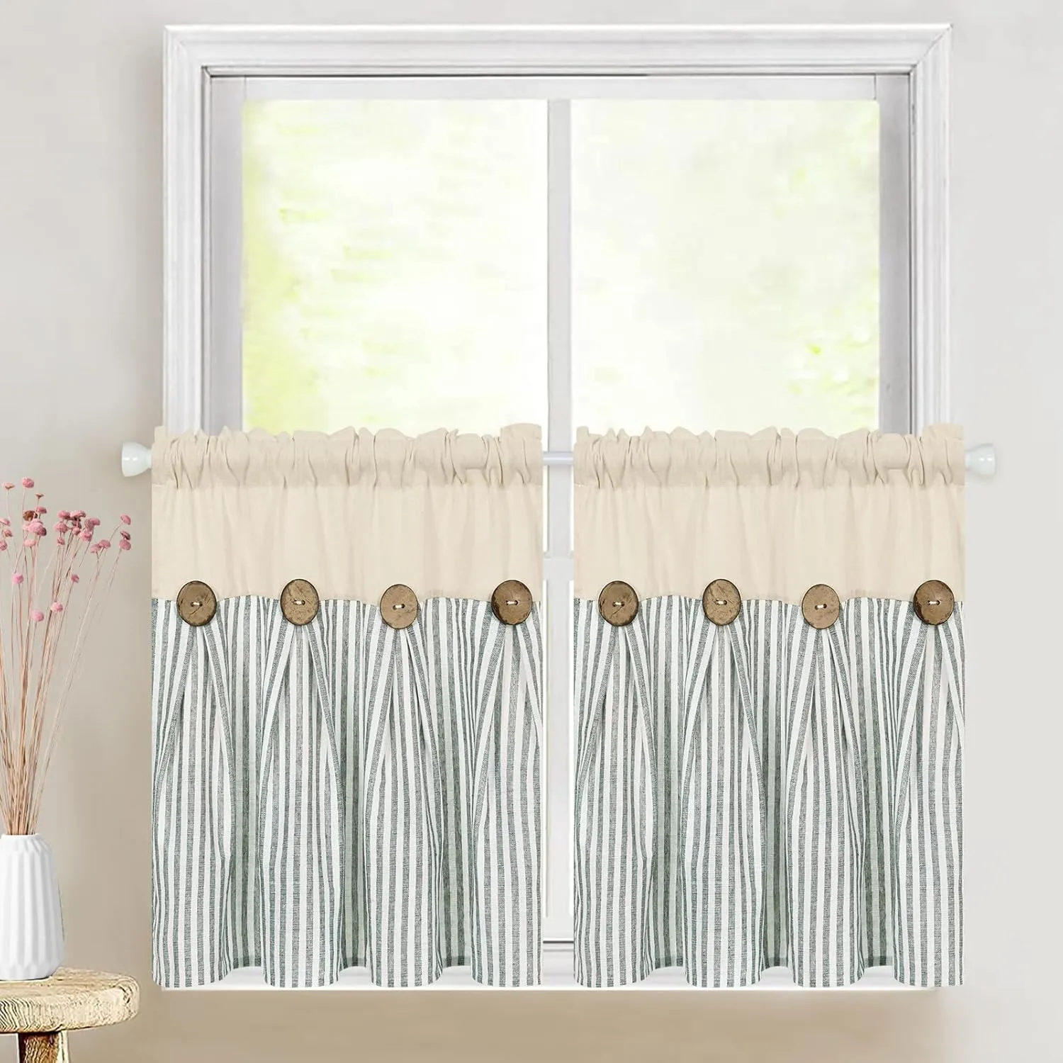 ASPMIZ Cotton Linen Kitchen Curtains 24 Inch Length Tier Curtain for Small Window Treatment, Boho Button Half Window Curtain Farmhouse, Green Stripe Rod Pocket Short Curtains for Window, 2 Panels