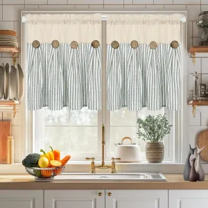 ASPMIZ Cotton Linen Kitchen Curtains 24 Inch Length Tier Curtain for Small Window Treatment, Boho Button Half Window Curtain Farmhouse, Green Stripe Rod Pocket Short Curtains for Window, 2 Panels
