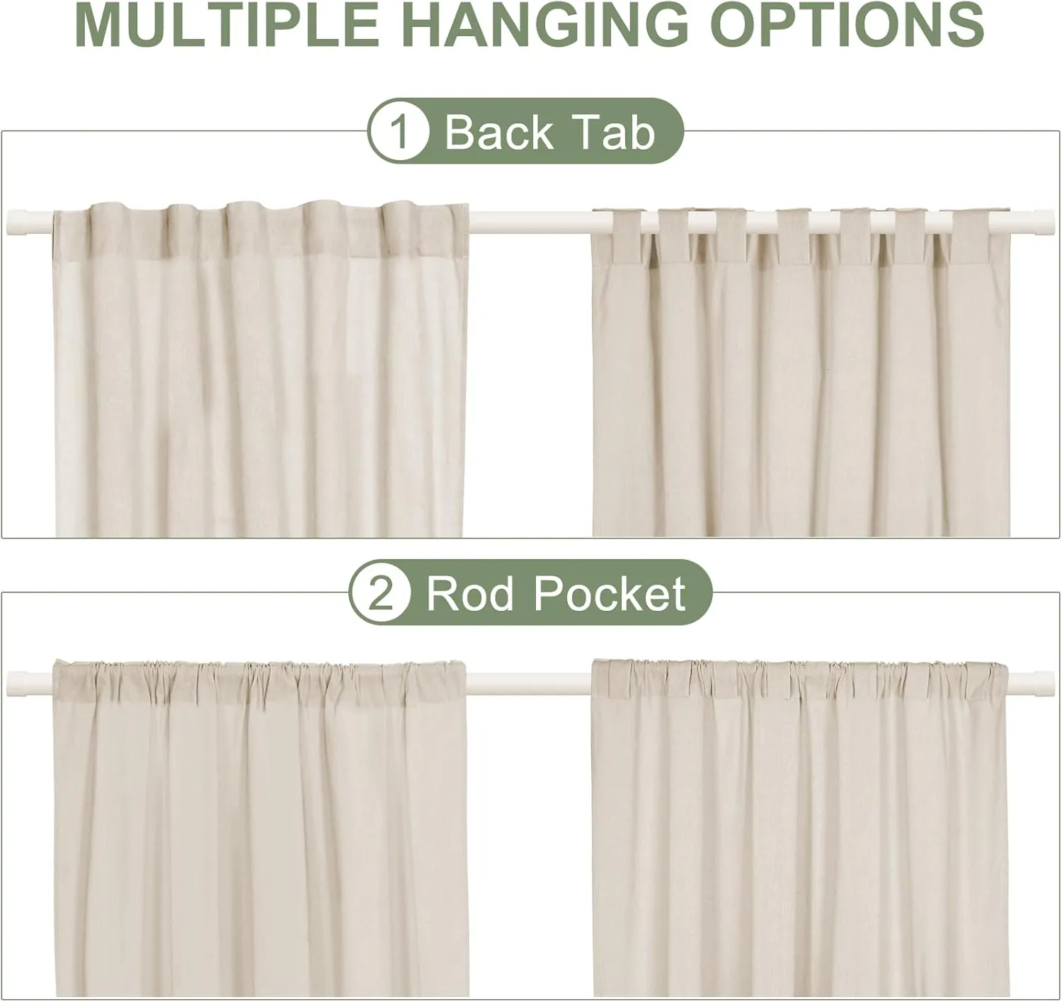 ASPMIZ Cotton Linen Kitchen Curtains 24 Inch Length Tier Curtain for Small Window Treatment, Boho Button Half Window Curtain Farmhouse, Green Stripe Rod Pocket Short Curtains for Window, 2 Panels