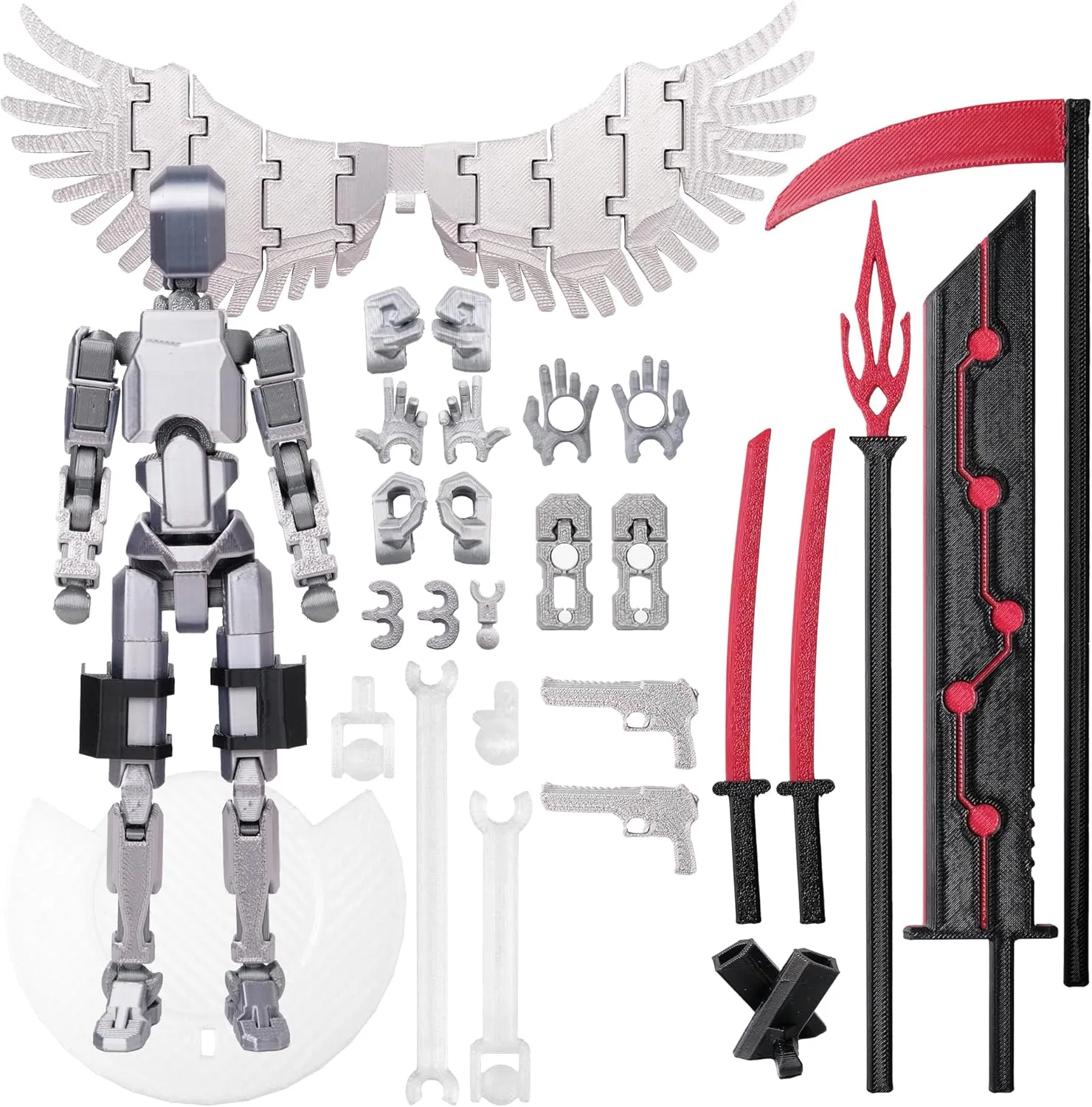 (Assembly Completed Dummy 20 Action Figure, 8.1 inches， Strong Magnetic Accessories， 8 Types of Weapons 3D Printed Robot Multi-Jointed Movable, Spider Ninja Series (Bright Silver)