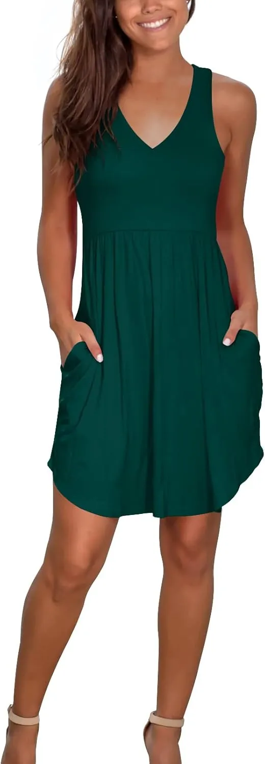 Atizon Casual Summer T Shirt Dress for Women V Neck Swing Elastic Tunic Short Sundress with Pockets