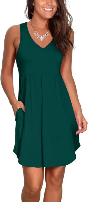 Atizon Casual Summer T Shirt Dress for Women V Neck Swing Elastic Tunic Short Sundress with Pockets