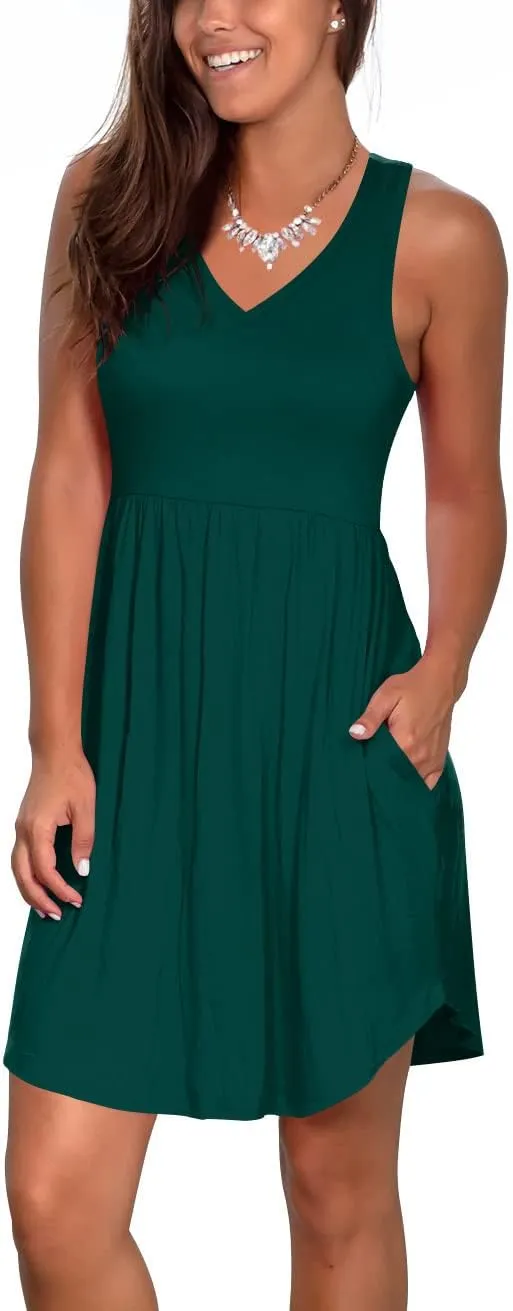 Atizon Casual Summer T Shirt Dress for Women V Neck Swing Elastic Tunic Short Sundress with Pockets