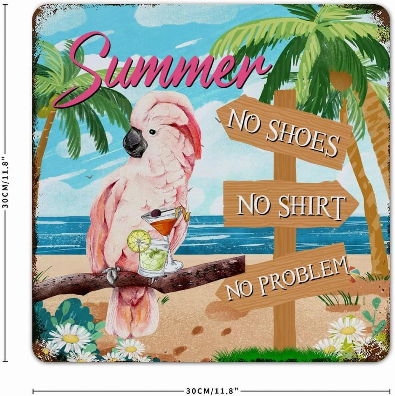 Autravelco Bar Open No Shoes No Shirt No Problem Metal Signs Outdoor 12x12 Inch Farmhouse Gate House Restaurants Wall Décor Metal Plaque Macaw Parrot Animal Pet Wall Art Plaques for Front Door