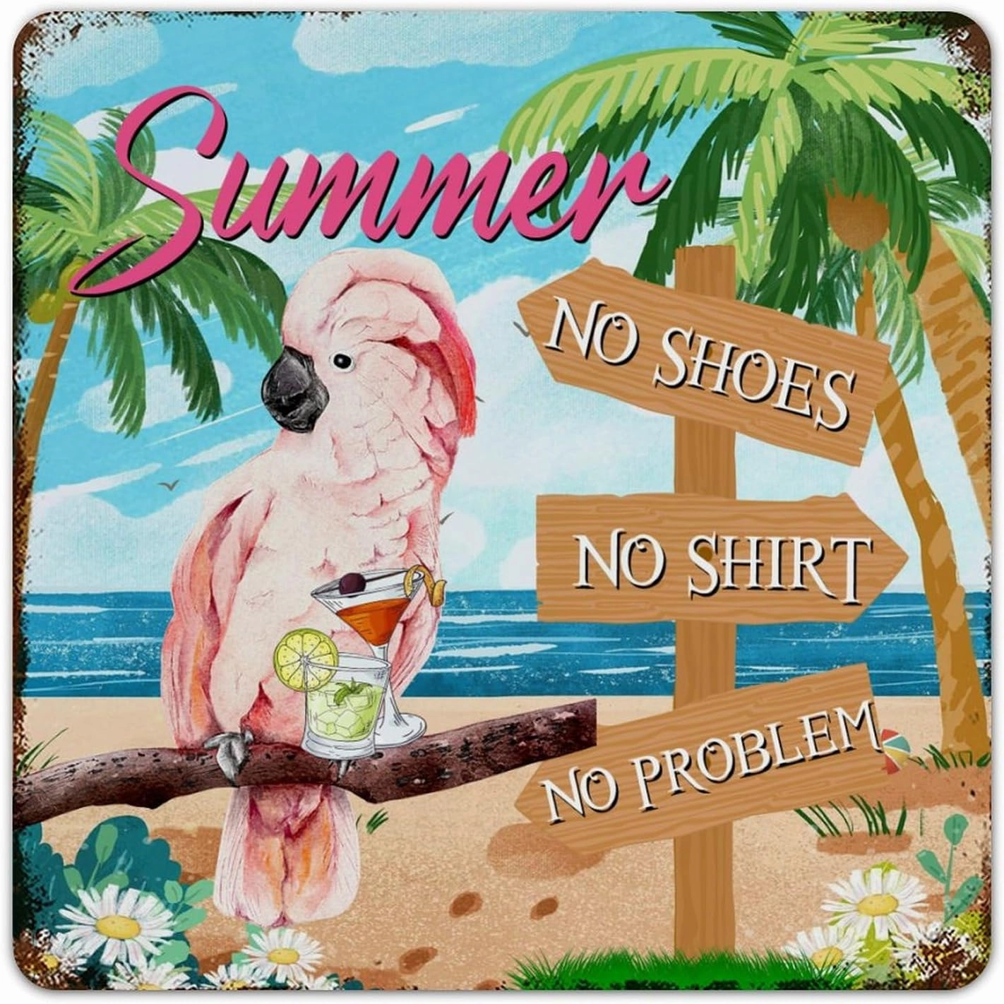 Autravelco Bar Open No Shoes No Shirt No Problem Metal Signs Outdoor 12x12 Inch Farmhouse Gate House Restaurants Wall Décor Metal Plaque Macaw Parrot Animal Pet Wall Art Plaques for Front Door
