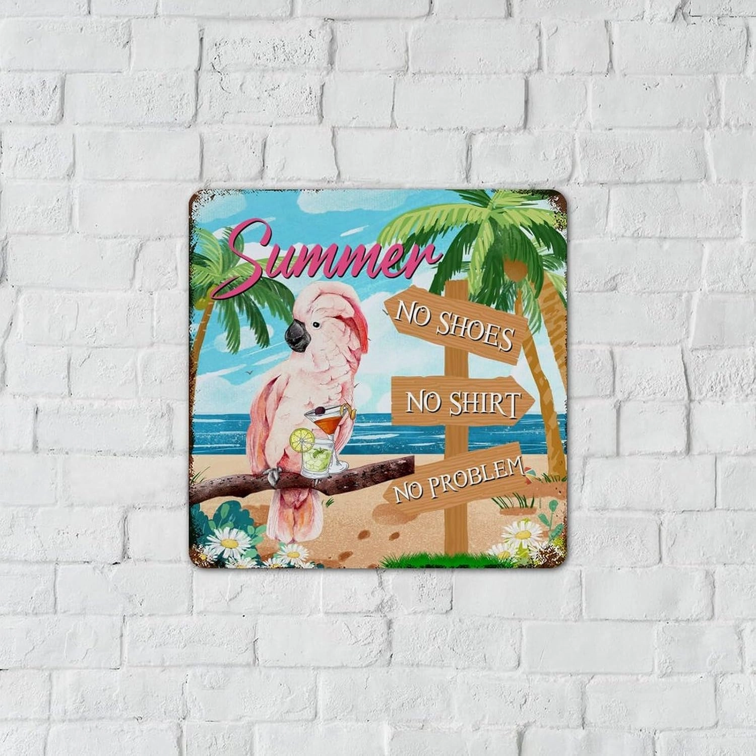 Autravelco Bar Open No Shoes No Shirt No Problem Metal Signs Outdoor 12x12 Inch Farmhouse Gate House Restaurants Wall Décor Metal Plaque Macaw Parrot Animal Pet Wall Art Plaques for Front Door