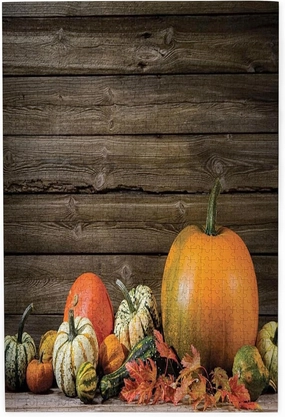 Autumn Pumpkin,Puzzle Board,Portable Wooden Jigsaw Puzzle for Adults,Thanksgiving Day Themed Photo,Birthday Gift for Family and Friends,Multicolor Plastic Box Storage 1000PCS