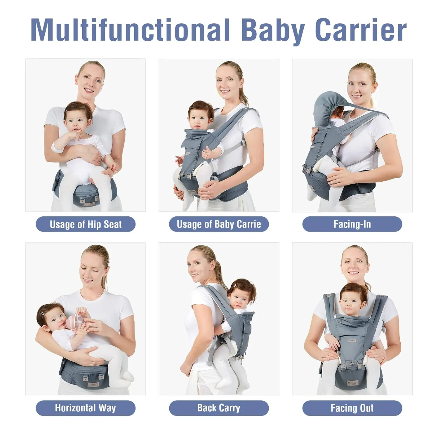 Baby Carrier Newborn to Toddler, YIYUNBEBE Adjustable Detachable Baby Carrier with Hip Seat, All Seasons Baby Holder Carrier for Dad Mom, Blue