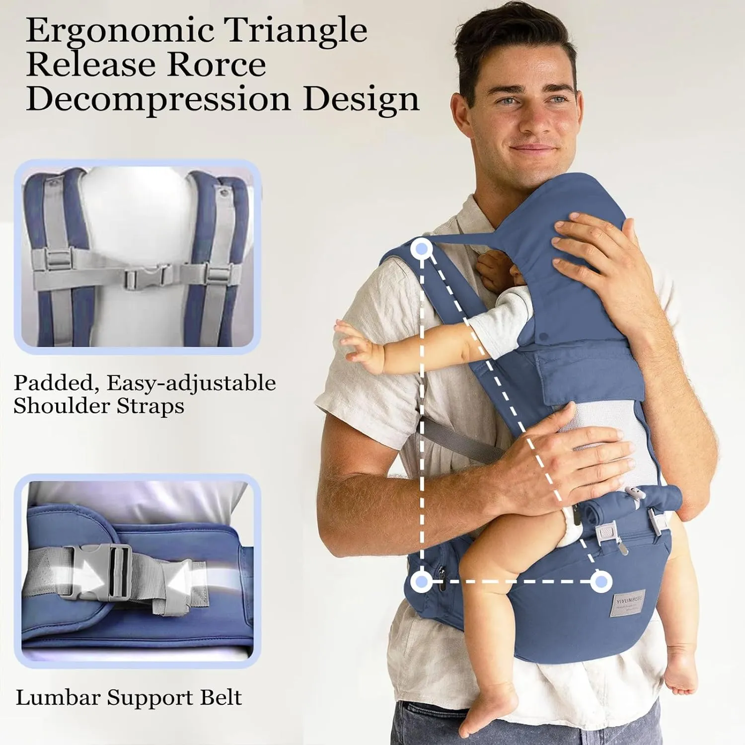 Baby Carrier Newborn to Toddler, YIYUNBEBE Adjustable Detachable Baby Carrier with Hip Seat, All Seasons Baby Holder Carrier for Dad Mom, Blue