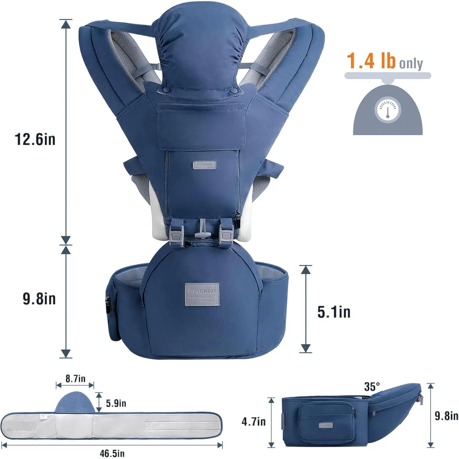 Baby Carrier Newborn to Toddler, YIYUNBEBE Adjustable Detachable Baby Carrier with Hip Seat, All Seasons Baby Holder Carrier for Dad Mom, Blue