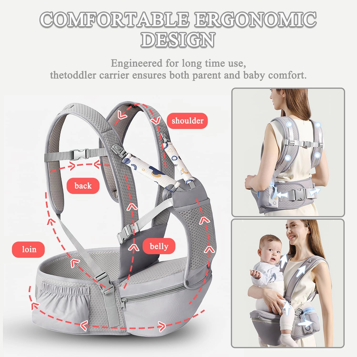 Baby Carrier with Hip Seat for Newborn to Toddler, 6-in-1 Ergonomic Infant Carrier for 0-36 Month Baby, All Positions Soft Breathable Mesh Wrap Carrier with Waist Stool, Baby Holder-Grey