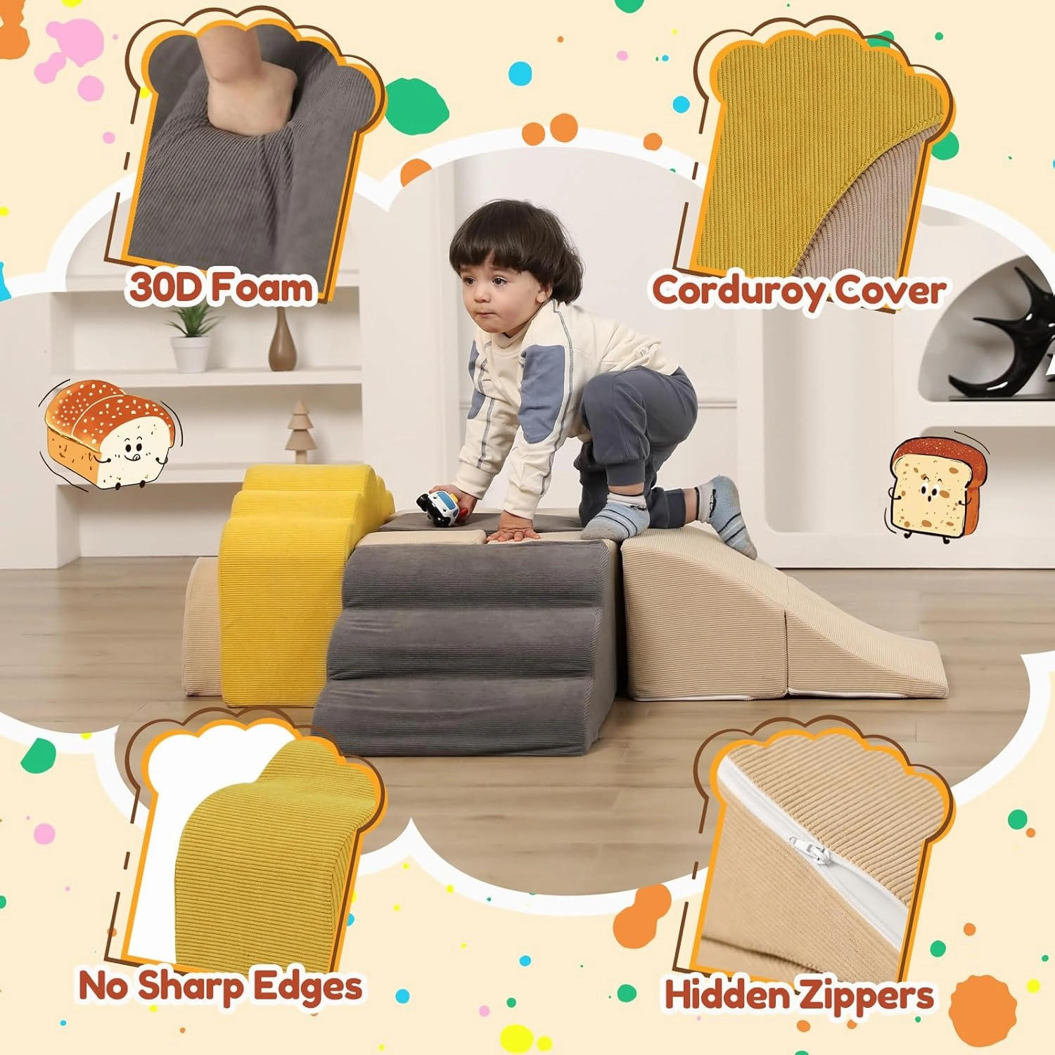 Baby Foam Climbing Blocks,Toast-Shaped Soft Climbing Play Set for Toddlers,Kids Corduroy Crawl&Climb Activity Play Equipment Indoor for Playroom,Beige,Gray&Yellow