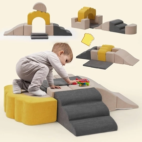 Baby Foam Climbing Blocks,Toast-Shaped Soft Climbing Play Set for Toddlers,Kids Corduroy Crawl&Climb Activity Play Equipment Indoor for Playroom,Beige,Gray&Yellow