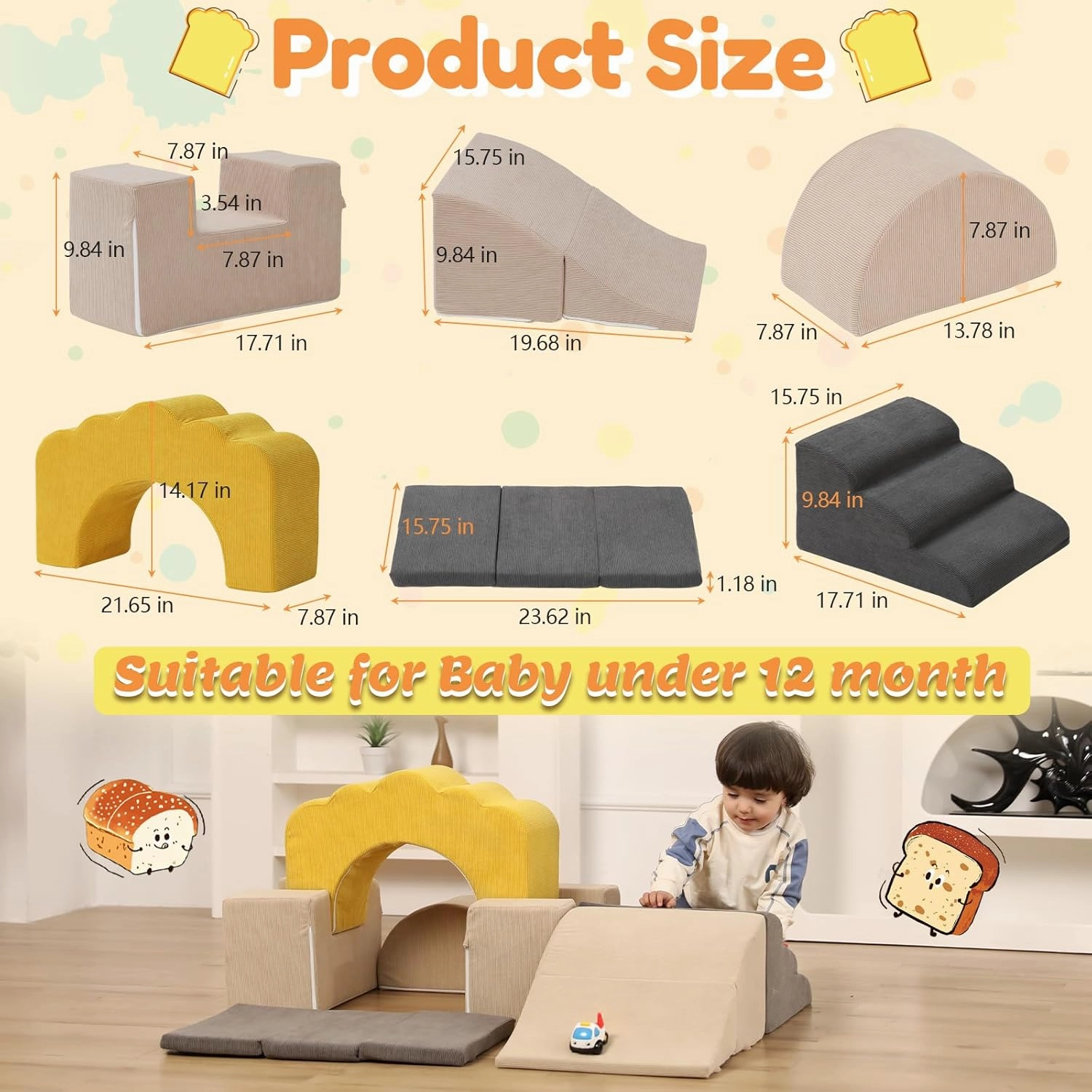Baby Foam Climbing Blocks,Toast-Shaped Soft Climbing Play Set for Toddlers,Kids Corduroy Crawl&Climb Activity Play Equipment Indoor for Playroom,Beige,Gray&Yellow